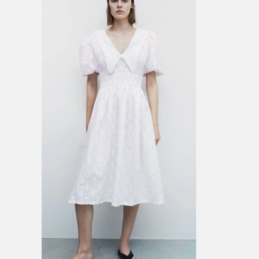 Zara Cutwork Embroidery Midi Dress Voluminous Sleeves Tulle Lining White Medium - Picture 2 of 11